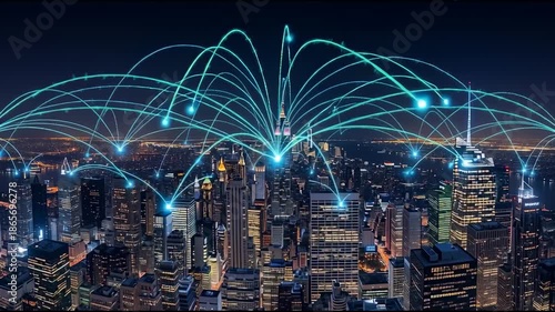 City skyline with illuminated network connections at night