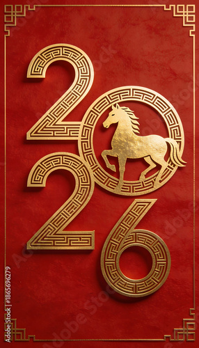 Chinese new year 2026 golden horse design on red background with decorative border festive elegant celebration art for lunar holiday card poster banner print