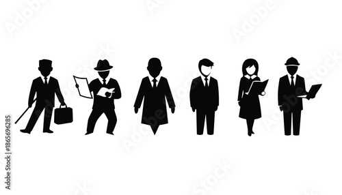 A group of business people in black silhouette on a white background