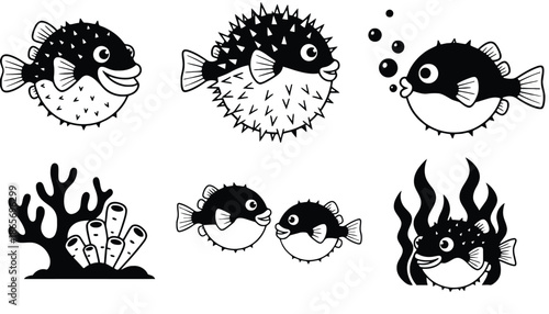 A black and white illustration of pufferfish and coral in the ocean