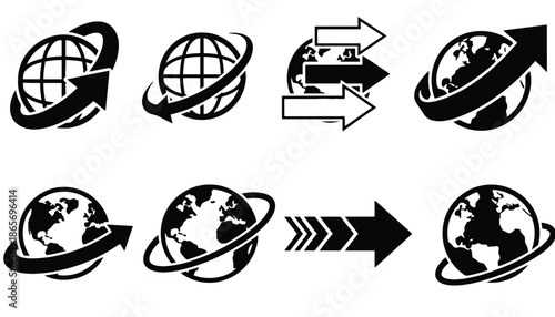 A set of black and white globe icons with arrows indicating global movement and direction
