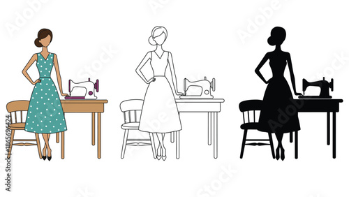 A woman in different stages of dress design with sewing machines