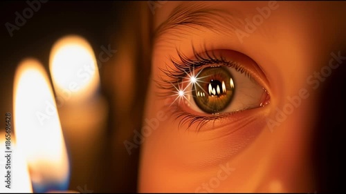 Close up of a childs eye reflecting warm candlelight