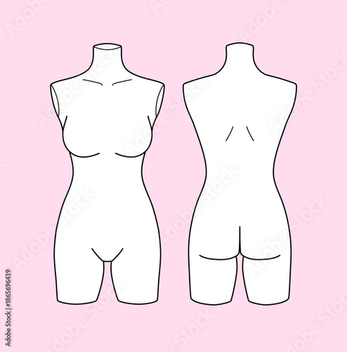 Minimalist female mannequin front and back in clean line art style. Editable vector illustration perfect for showcasing clothing designs, fashion mockups, technical flats, pattern making, product pack
