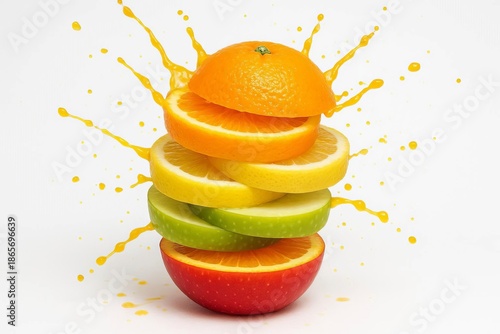 Slices of oranges, lemons, green apples, and red apples are stacked on top of each other, with orange juice splattered on them, against a white background.