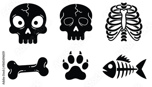 A collection of black and white skeleton icons on a plain background