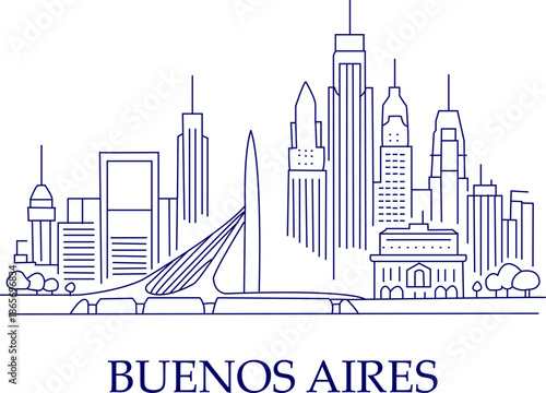 Buenos Aires City Skyline Line Art Illustration with Famous Landmarks