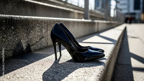 Black high heel shoes sitting on a concrete ledge outdoors in city