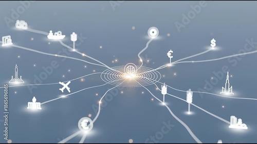 Connected global network concept with lines and icons on a blue background
