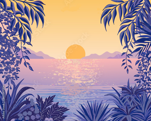 A vibrant sunset over the ocean framed by lush tropical foliage