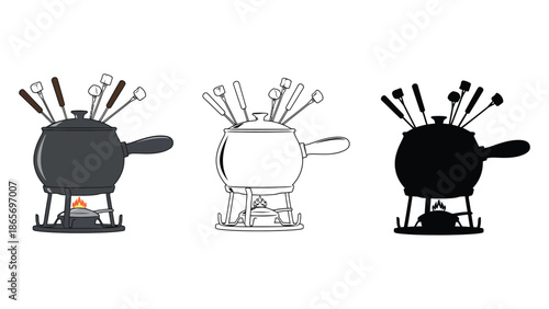 Three different styles of fondue pots are displayed on a white background.