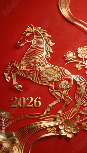 Gold horse chinese new year 2026 red background gold decoration floral pattern luxury design festive art Chinese new year 2026 gold horse decoration red background with floral pattern wave element