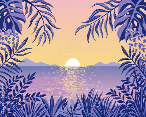 Tropical foliage frames a serene sunset over calm ocean waters