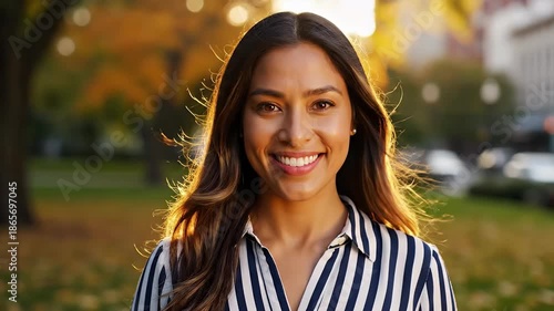 Beautiful Smiling Woman Portrait Happy Young Female Model Lifestyle Portrait Sunshine Autumn Park Background Stock Video Footage for Business Commercials and Websites