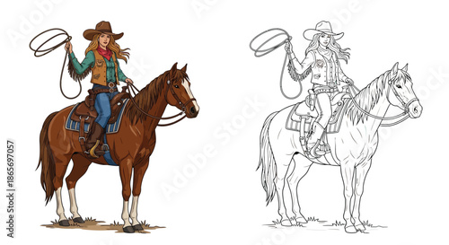 Cowgirl Riding Horse With Lasso in Action Color and Detailed Line Art Comparison Set