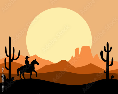 A lone cowboy riding a horse silhouetted against a desert sunset landscape