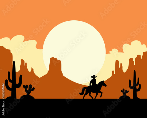 A lone cowboy riding across the desert landscape at sunset