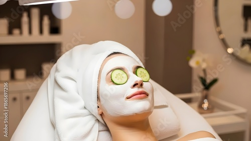 Woman relaxing at spa with cucumber slices on her eyes and facial mask