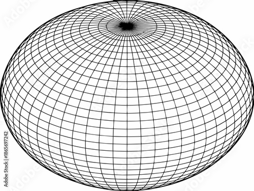 A spherical grid with lines of longitude and latitude depicted in black
