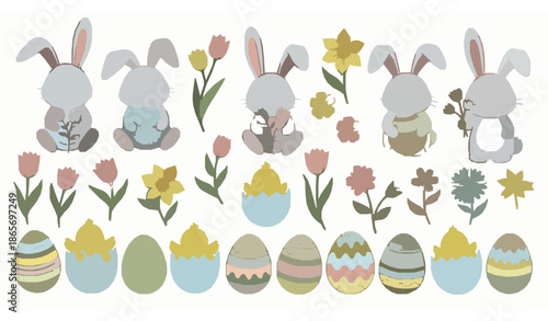 Cute Easter doodle elements vector set with bunny chick eggs and flowers