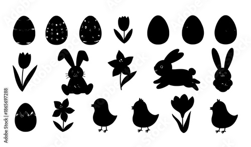 Hand drawn Easter illustration set with eggs bunnies chicks and spring flowers