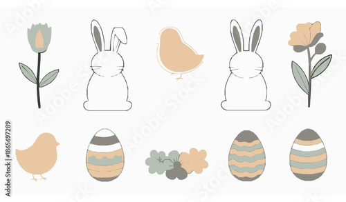Minimal hand drawn Easter elements eggs bunnies chicks and flowers vector illustration