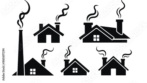 Silhouettes of houses and a factory with smoke coming from chimneys.