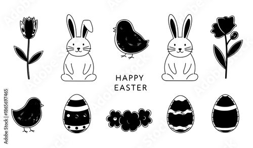 Minimal hand drawn Easter elements eggs bunnies chicks and flowers vector illustration