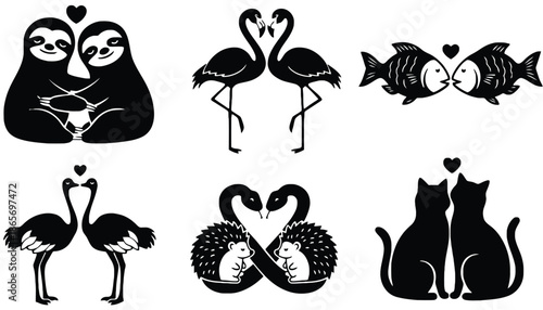 A collection of cute animal silhouettes forming hearts in a loving scene