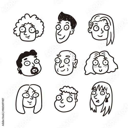 Avatar icon set of people to use as face icons. Diversity. Line drawing. Vector illustration with hand drawn style. Doodles.