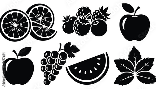 A collection of black silhouettes of various fruits and leaves on a white background
