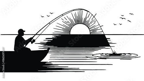 A lone fisherman casts his line into the water at sunrise.