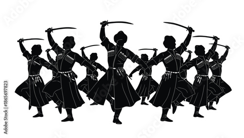 A group of dancers in traditional attire perform with swords.