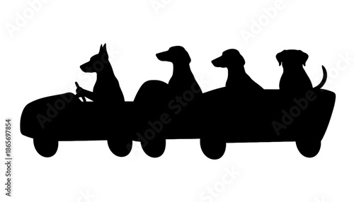 A black silhouette of dogs riding in a car with a white background