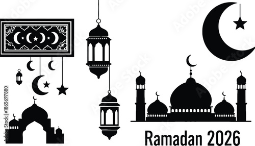 A black and white illustration of Ramadan 2026 with mosque silhouettes and lanterns