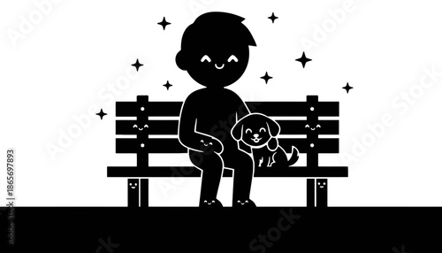 A cartoon boy and his dog sitting on a bench under starry night sky