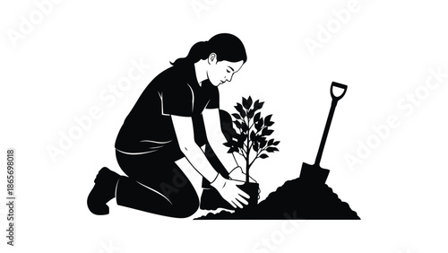 A person is planting a tree with a shovel and soil.