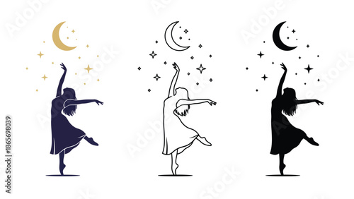 Silhouette of a dancer performing under a crescent moon and stars.
