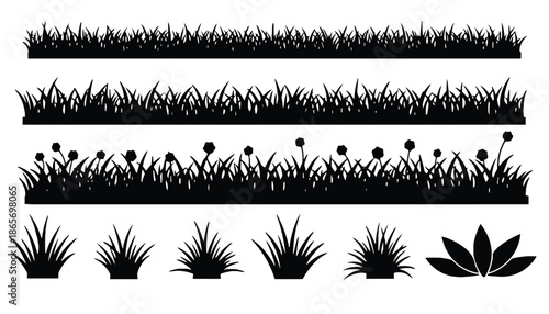 A collection of black silhouettes of various grass and plant types on a white background