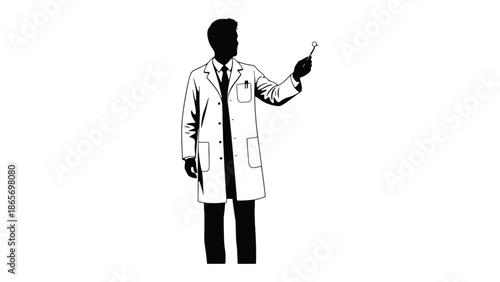 A scientist in a lab coat holds a test tube and points.