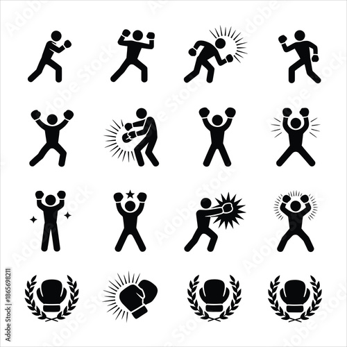 A collection of black silhouette boxing icons showing fighters and gloves on a white surface