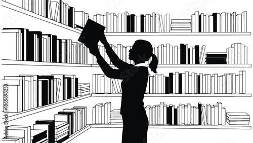 A silhouette of a person reaching for a book on a shelf in a library.