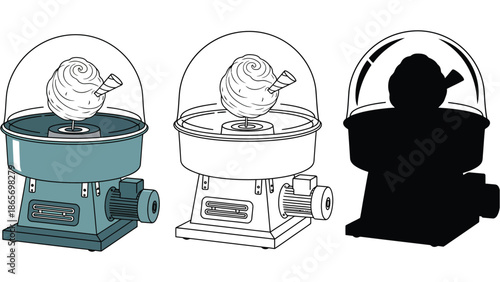 Three different views of a cotton candy machine with a fluffy ball inside.
