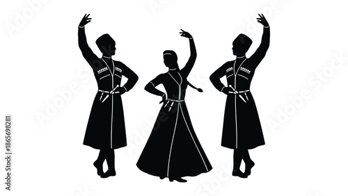 Three dancers in traditional clothing perform a synchronized dance.