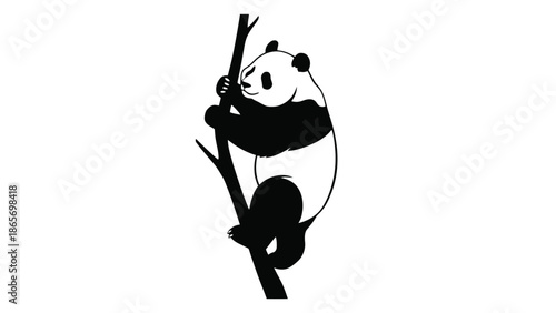 A panda bear climbs a tree trunk against a white background.