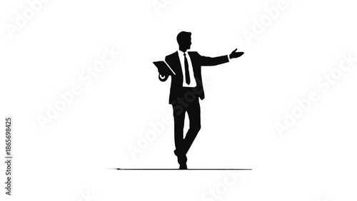 A silhouette of a businessman holding a tablet and gesturing with his hand.