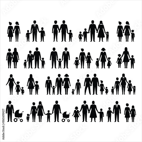 A collection of diverse black silhouette family groups showcases parents, children, and baby strollers