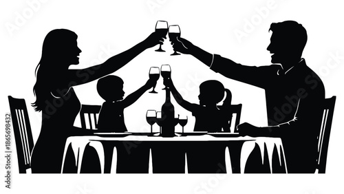 A family toasts with wine glasses at a dinner table.