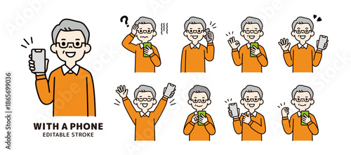 スマートフォンを持つ中高年男性の様々な表情・ポーズセット＿ベクターイラスト素材＿カラー