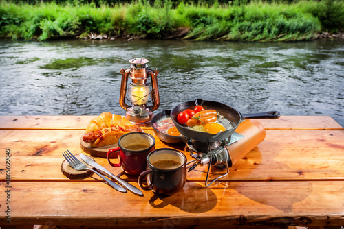 アウトドアでスキレット料理　Outdoor dishes made in an iron pan